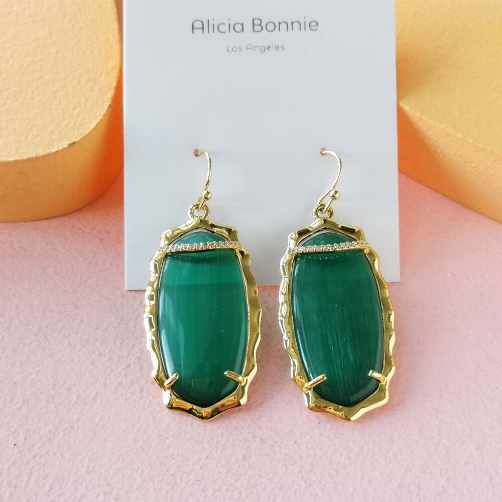 Alicia Bonnie - Charlotte Green Cat's Eye Gold Drop Earrings - NEW - Picture 1 of 3